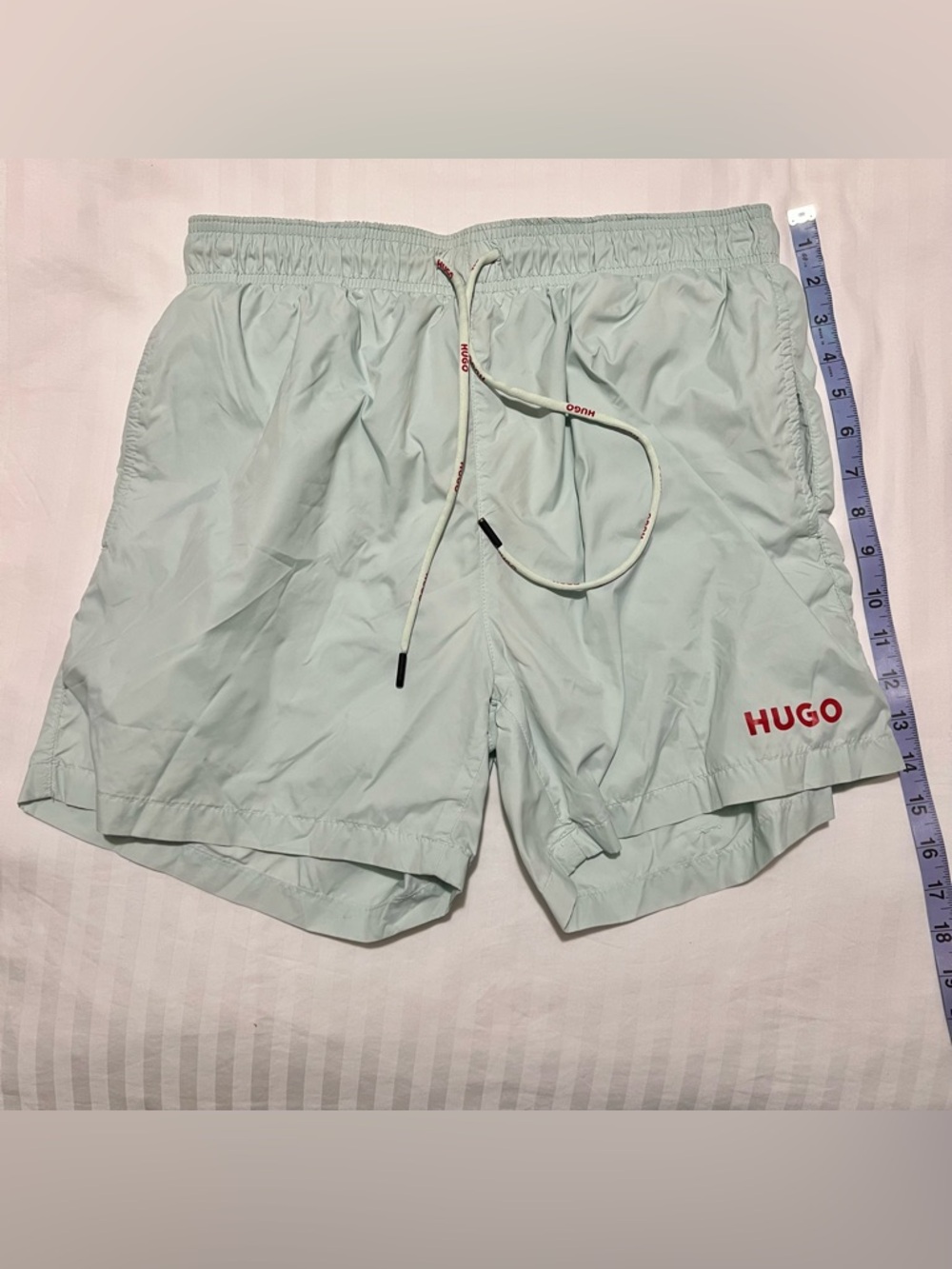 HUGO Light Mint Green Swim Shorts with Red Logo - Picture 2 of 8